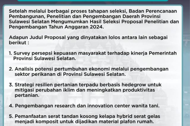 Bappelitbangda Prov. Sulsel Umumkan Hasil Seleksi Proposal Penelitian 2024